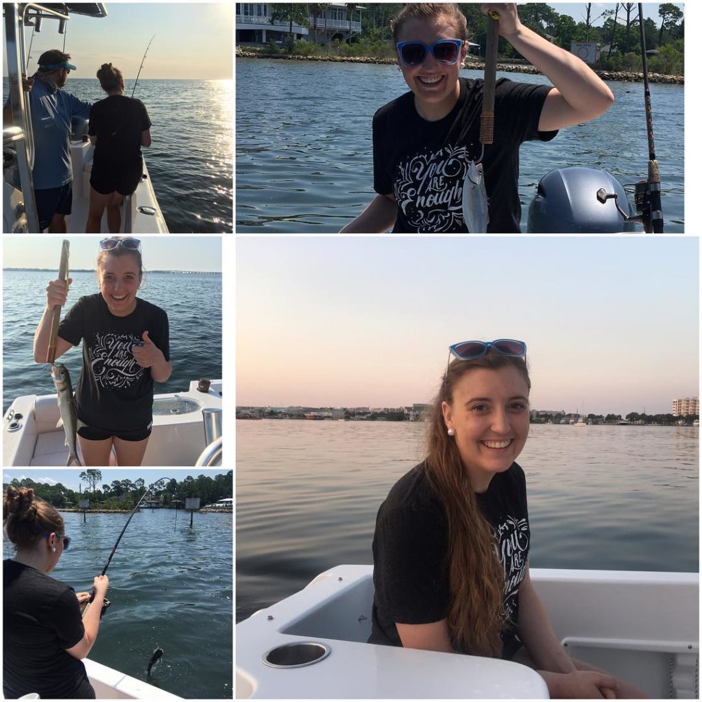 a collage of a girl fishing and catching a fish