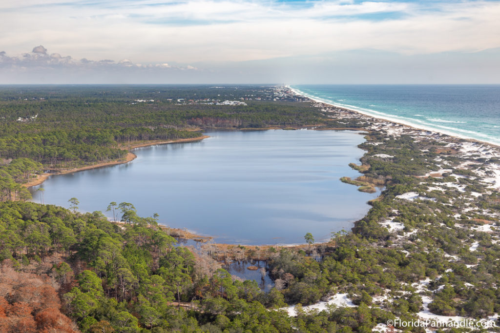 a birds eye view of a large lake from s helicopter in Destin, Florida