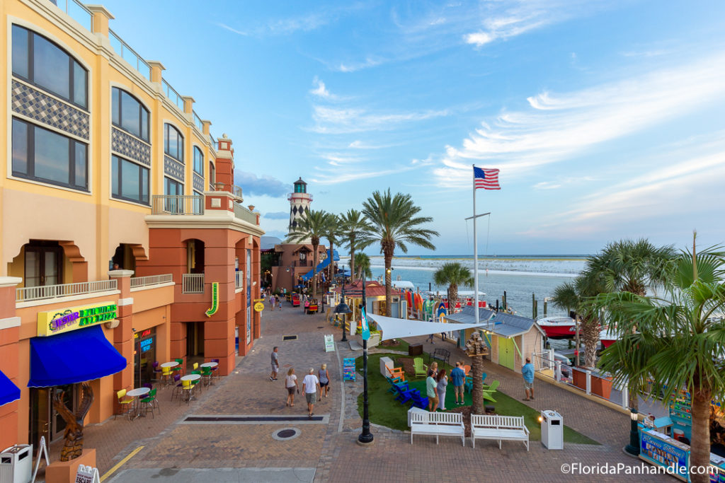 elevated view of the Destin Harbor Boardwalk on a sunny day