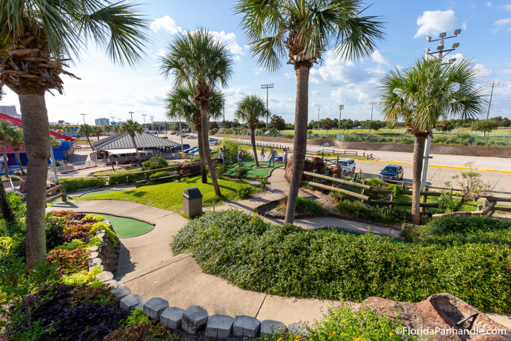 mini-golf course in between palm trees at The Track and Rainforest Black Light Golf