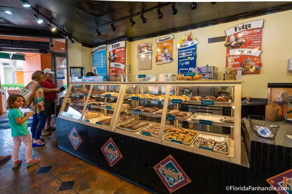 a fudge and chocolate shop at the destin harbor boardwalk