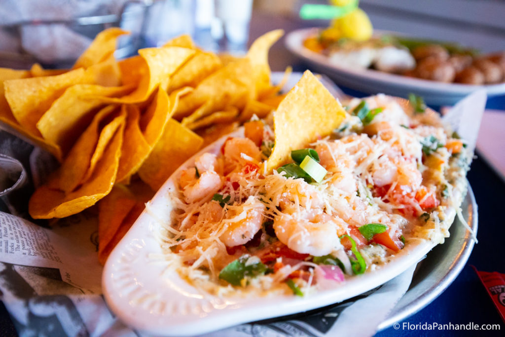 a plate of shrimp dip with shredded cheese on top with a side of tortilla chips at Flounder's Chowder House in Pensacola Florida