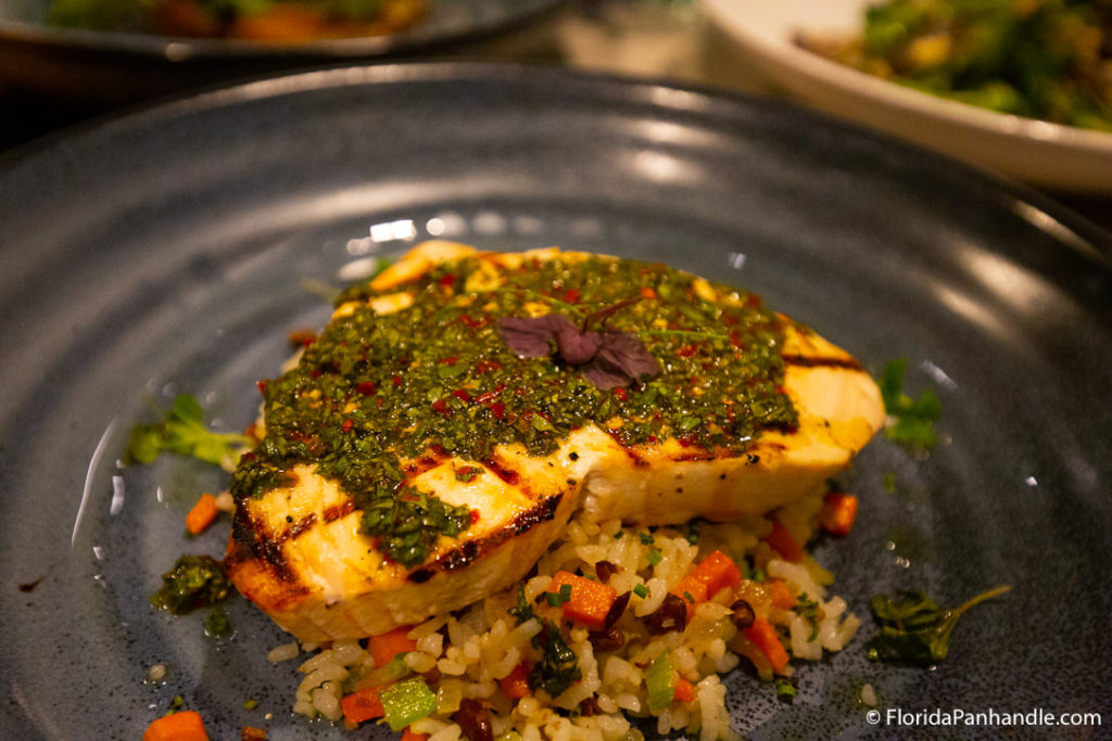 plate of grilled fish on a bed of wild rice at H2O Grill and Bonsai Sushi Bar