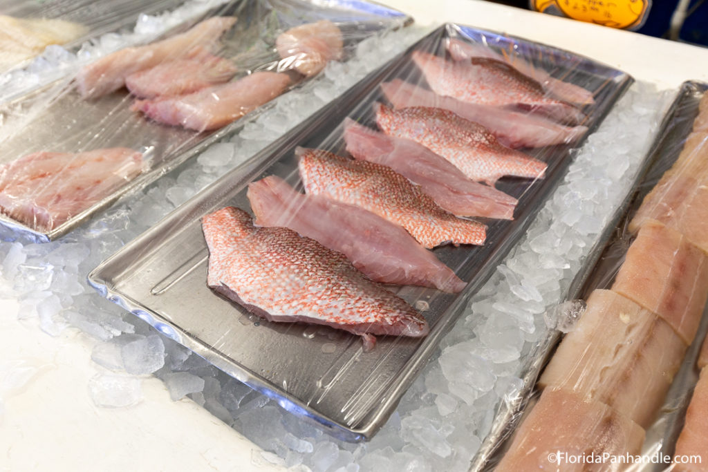 raw filleted fish on a tray on ice at Buddy's Seafood Market in Panama City Beach