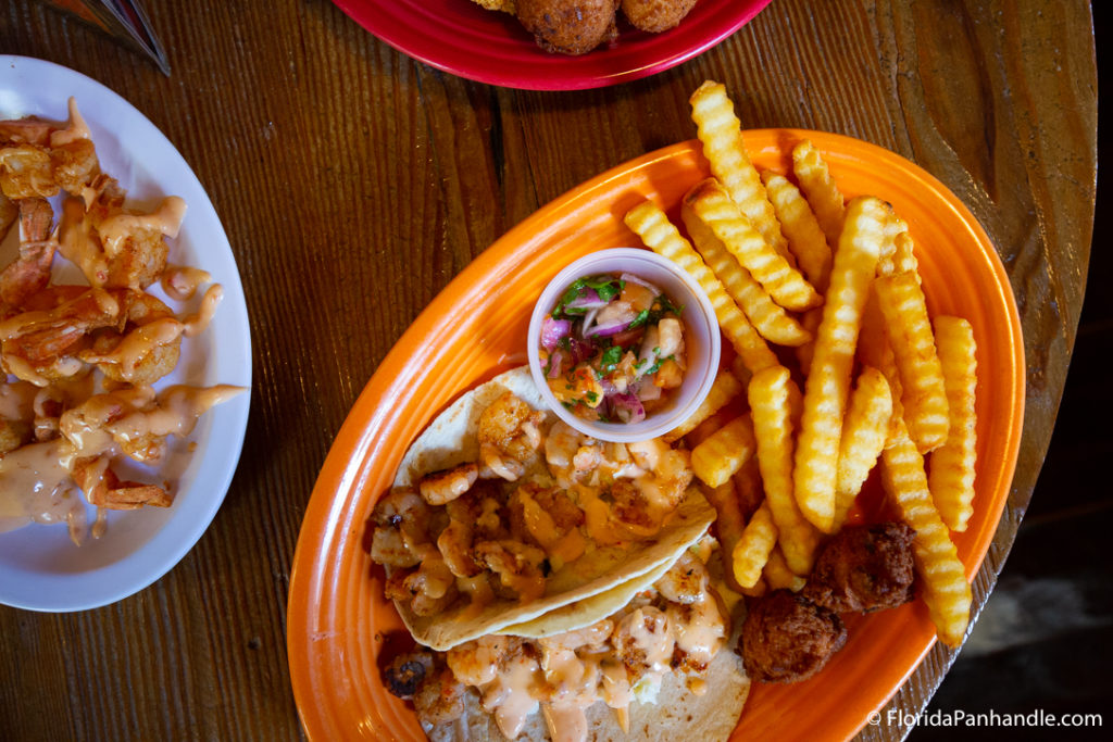 tacos, shrimp, and crinkle fries at Boon Docks Restaurant in PCB