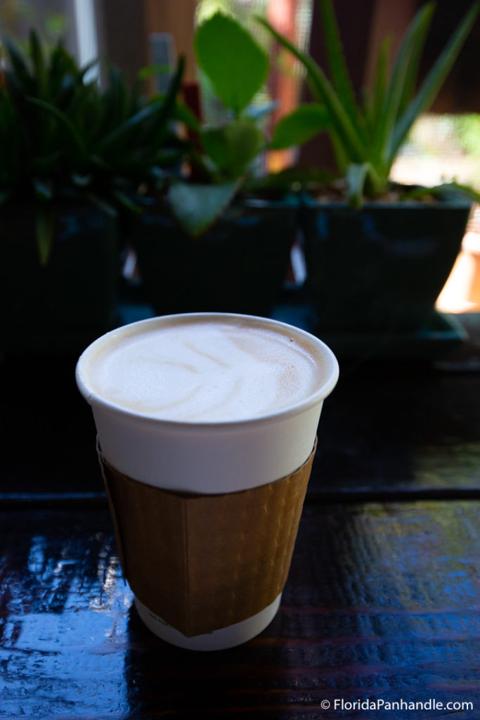 a cup of hot coffee with milk foam on top at Wild Root in Panama City Beach Florida