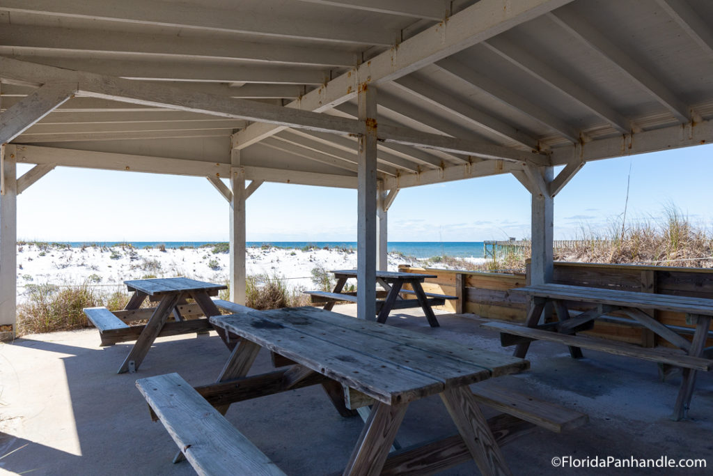 a picnic table in a pavilion 