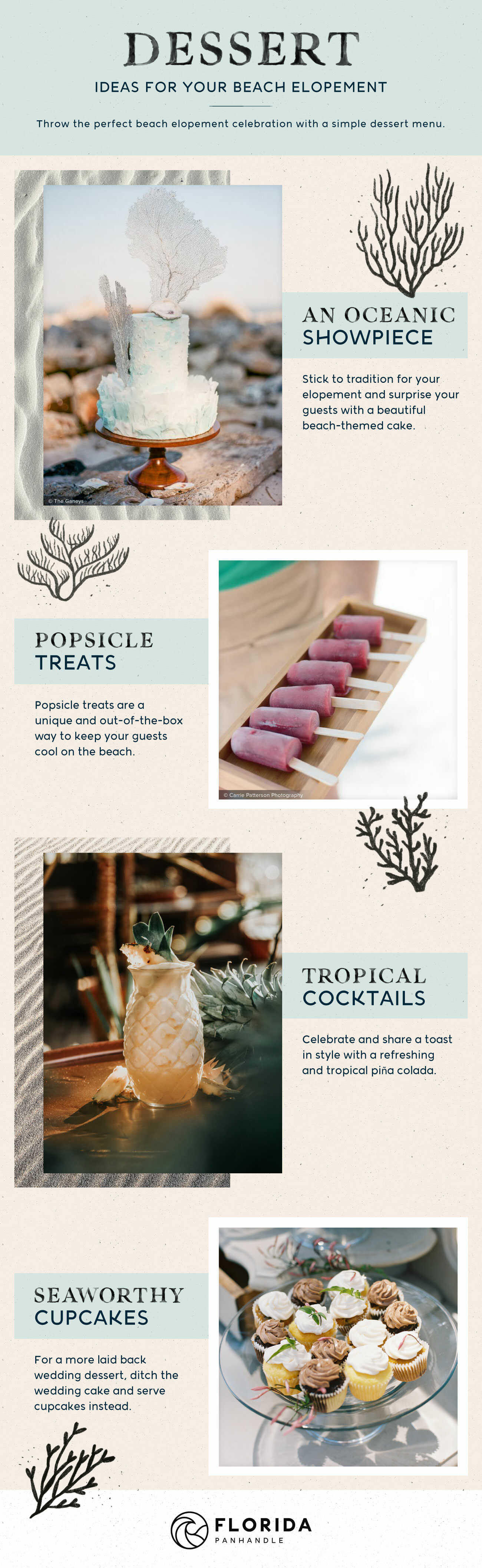 Dessert ideas for a small beach wedding- oceanic showpiece, popsicle treats, tropical cocktails, and  cupcakes
