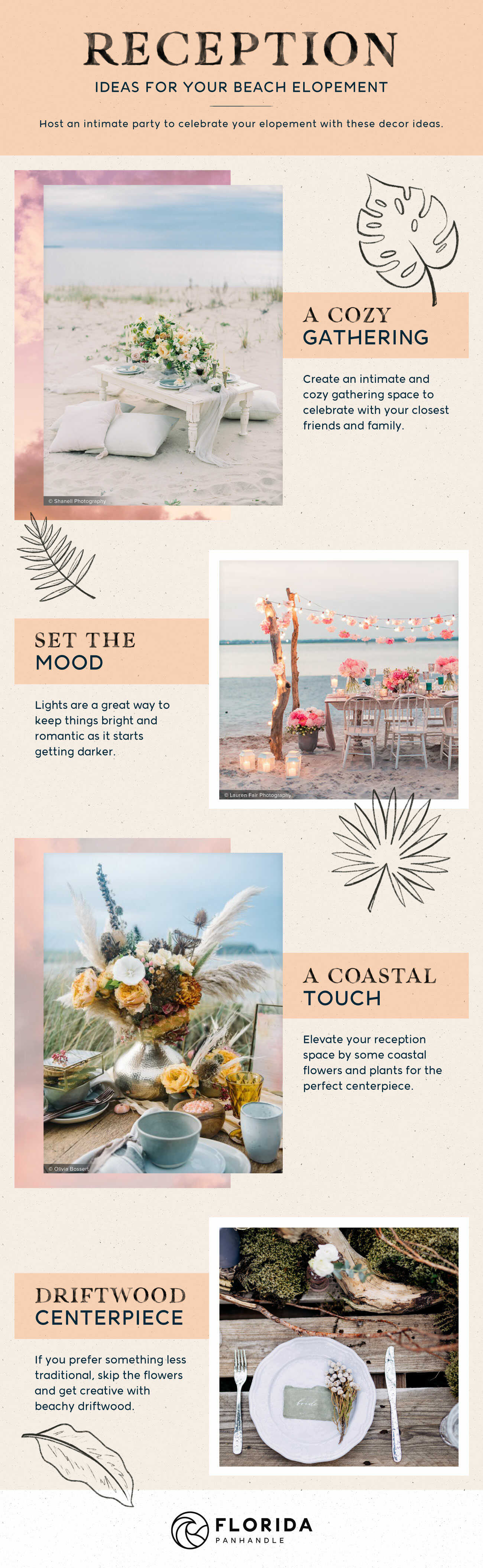 reception ideas for a beach elopement - cozy gathering, set the mood, a coastal touch, driftwood centerpiece 