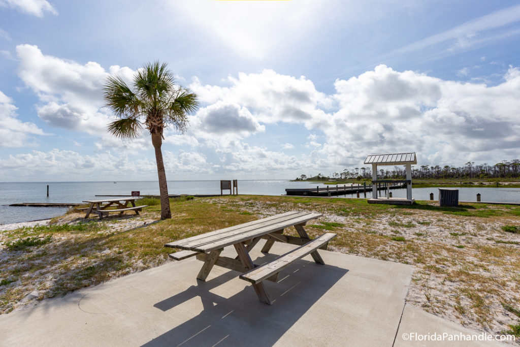 picnic bench with palm tree, dock, and water surrounding it in cape san blas port st joe