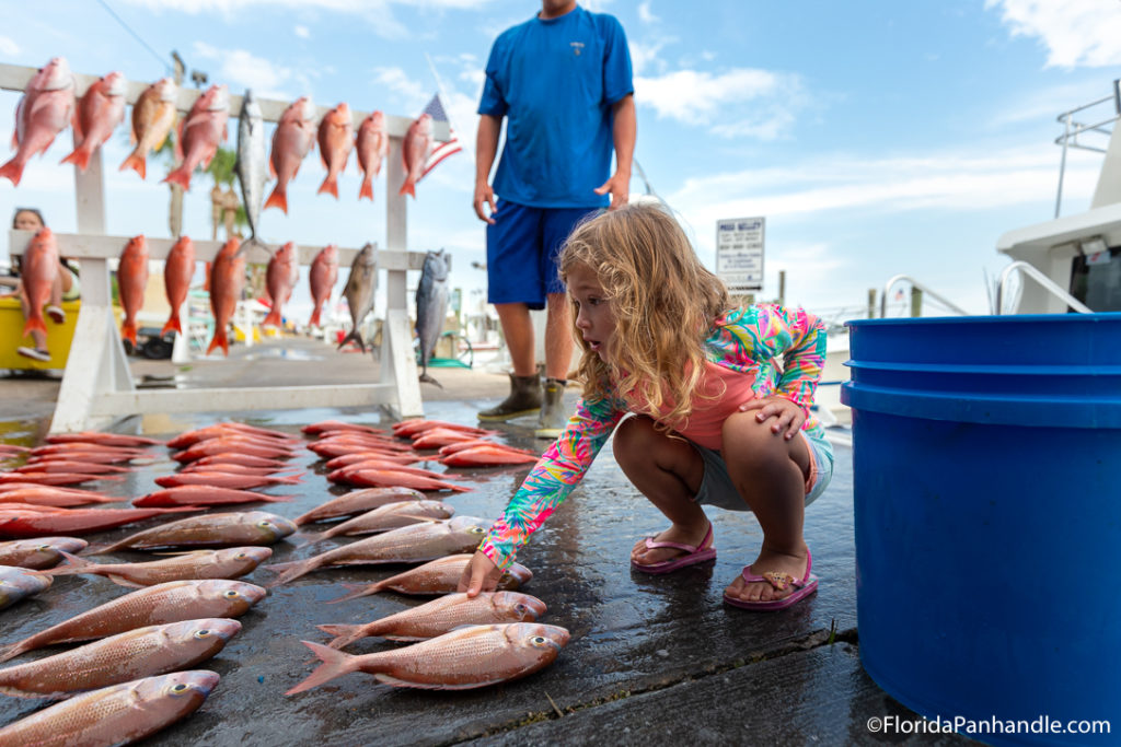 a little girl picking up a fish from the ground