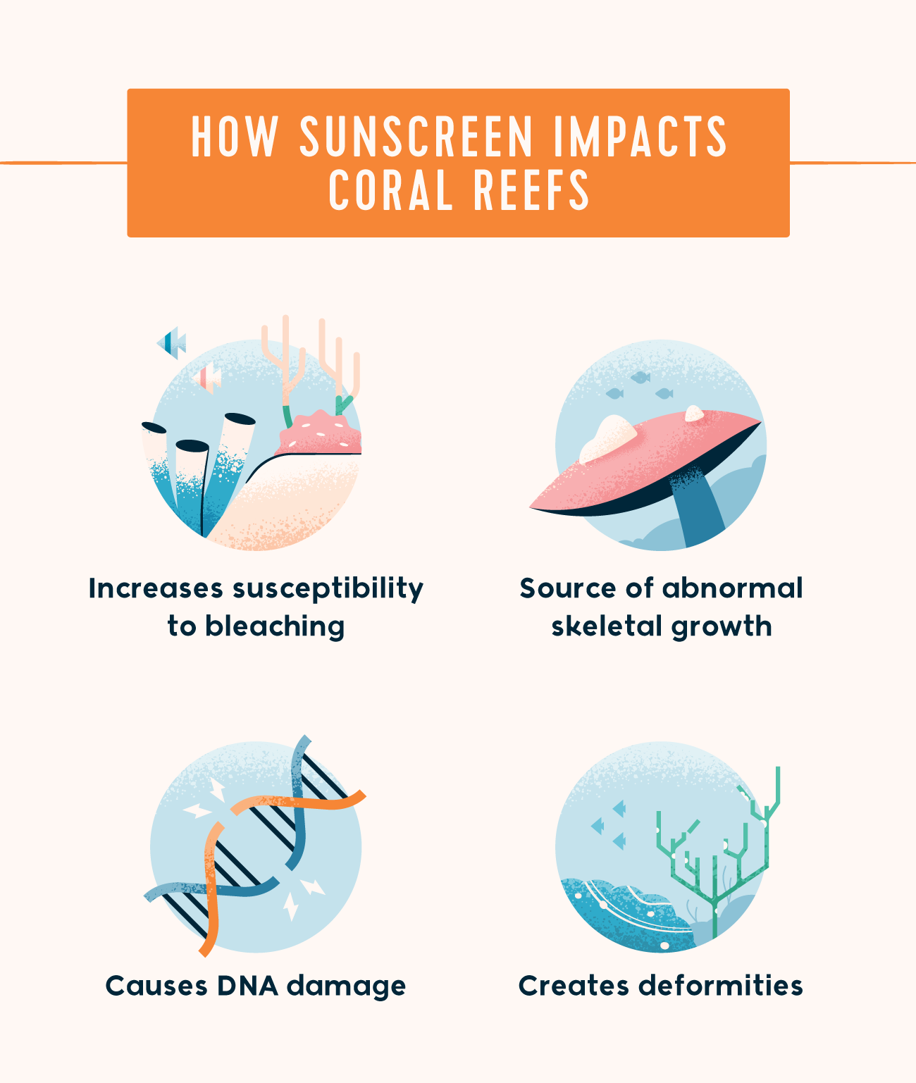 how sunscreen impacts coral reefs - bleaches, abnormal growth, DNA damage, created deformaties