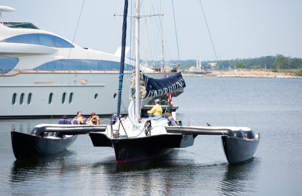 a wide sailing boat