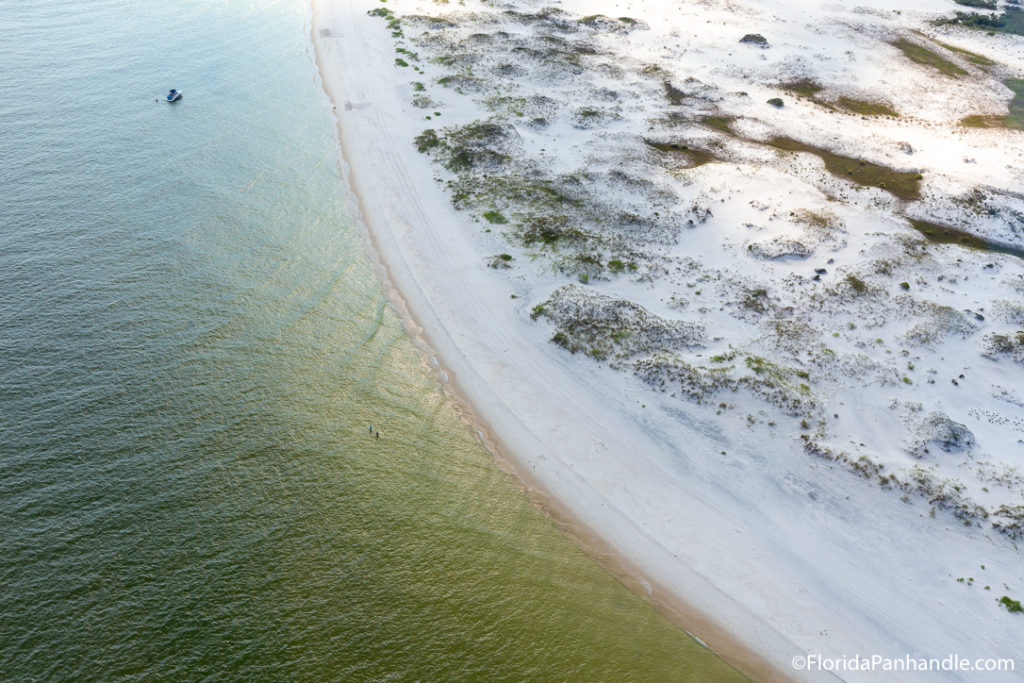 A birds eye view of a green tinted beach with white sands