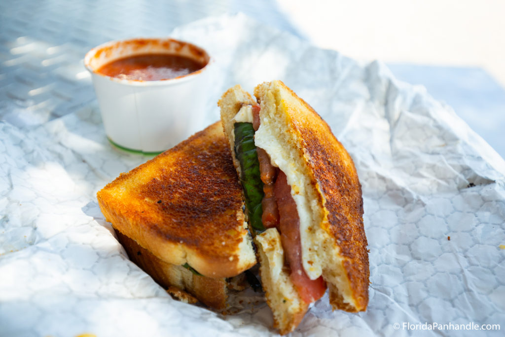 a grilled cheese sandwich with mozzarella cheese, tomato slice and spinach with a side if tomato soup 