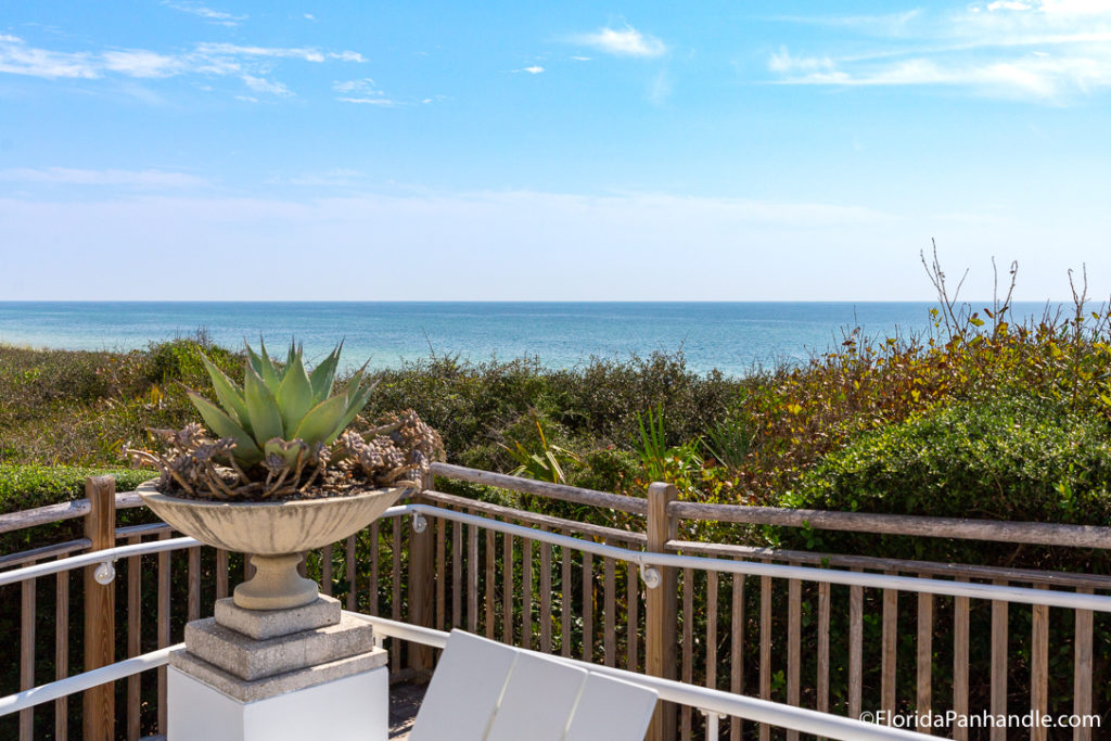 view of the beach from the wooden walkway that leads to the beach at Alys Beach in Florida