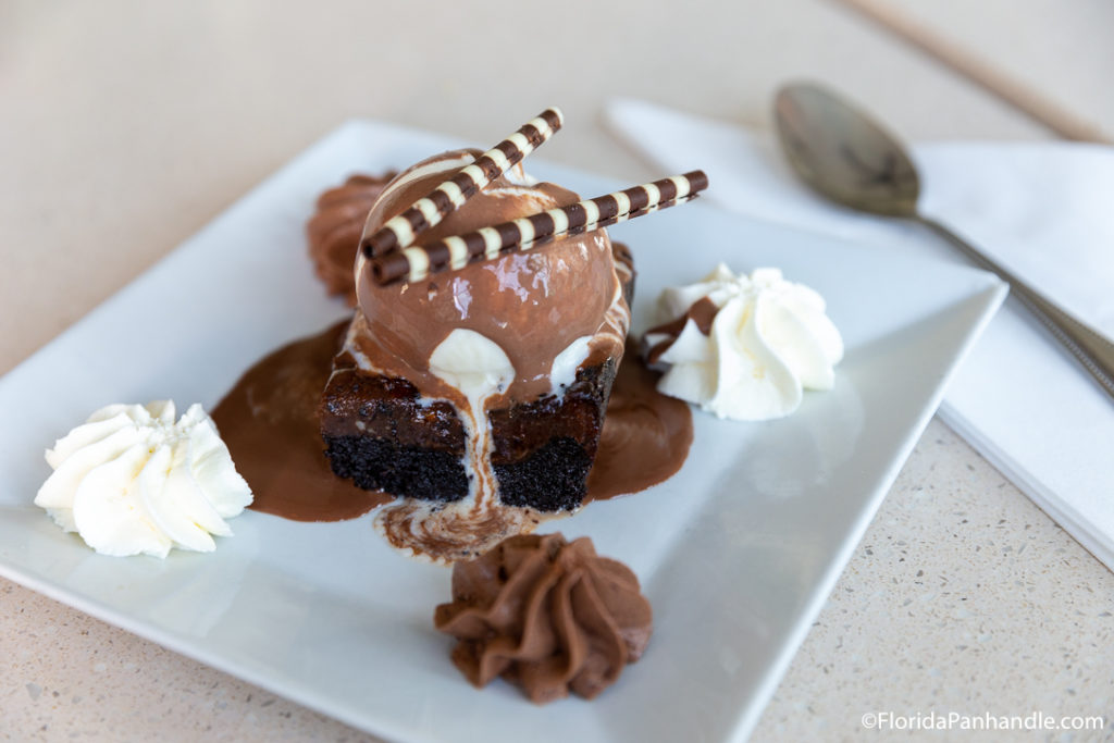 chocolate dessert with whipped cream and chocolate on the side of the plate and ice cream on top