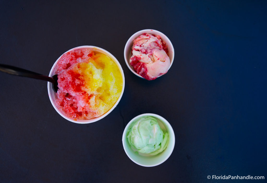 shaved ice dessert, green ice cream, strawberry ice cream