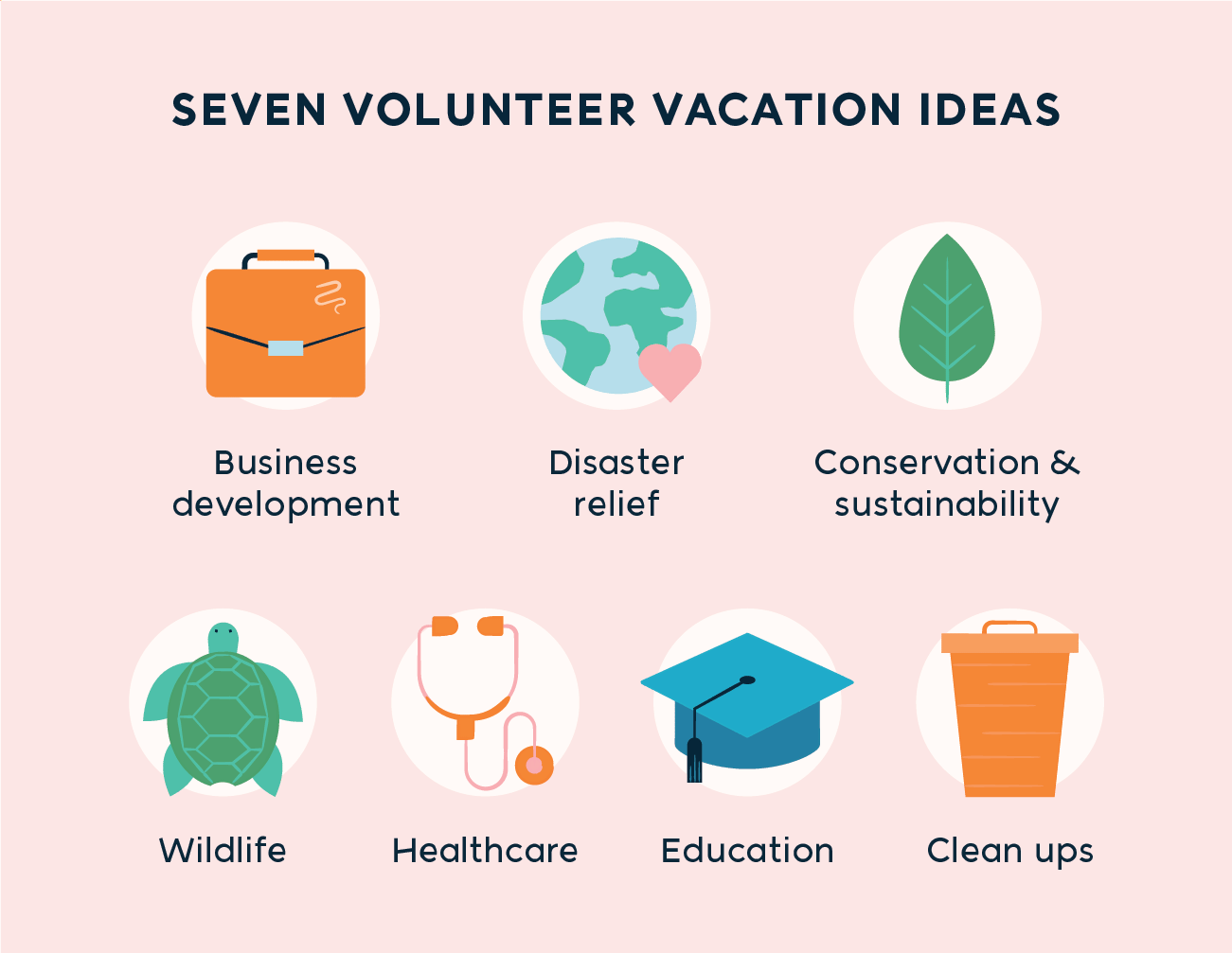 seven volunteer vacation ideas - business development, disaster relief, conservation and sustainability, wildlife, healthcare, education, clean ups