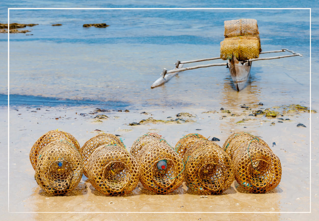 picture of shrimp traps along the shore line with small canoe and fish traps on top in the water in the background