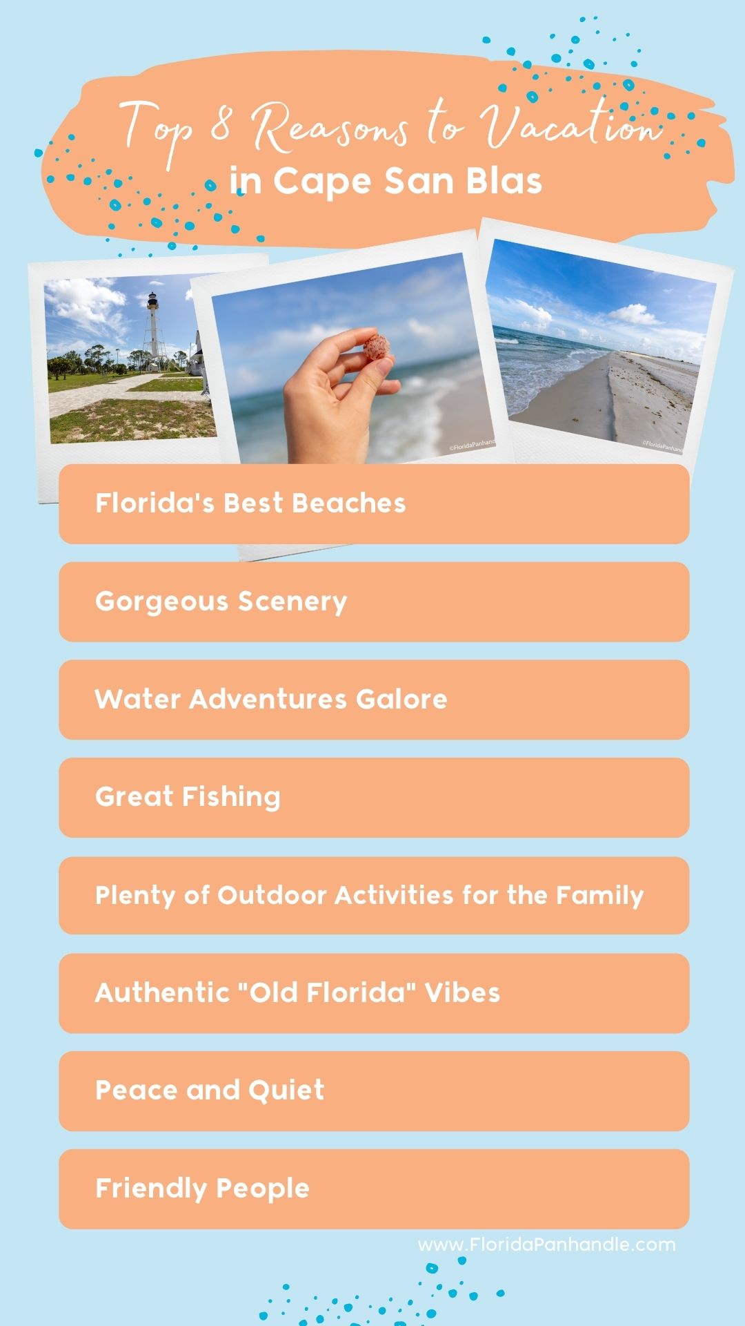top 8 reasons to vacation in Cape San Blas checklist with 3 polaroid pictures