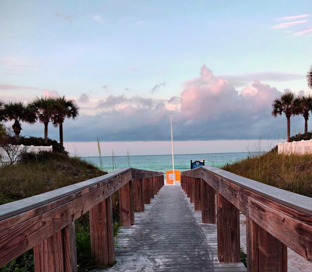 a wooded path that leads to the beach, emerald water, blue and pink skies, during the sunset