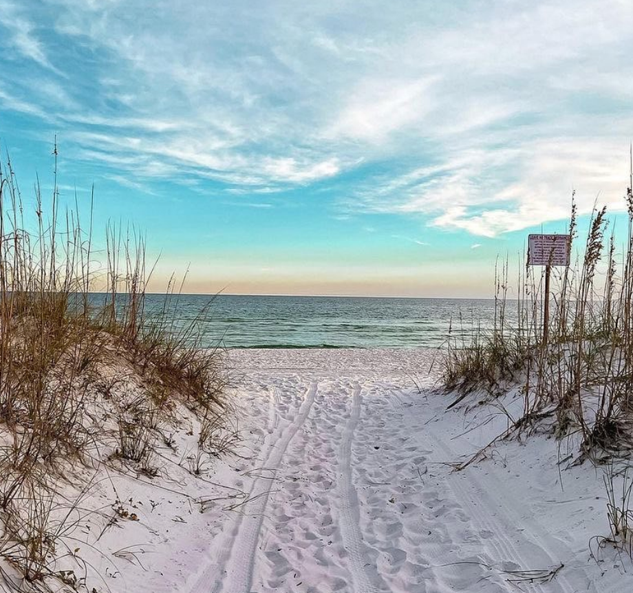 a sandy path that leads to the beach, blue and yellow skies, sunset