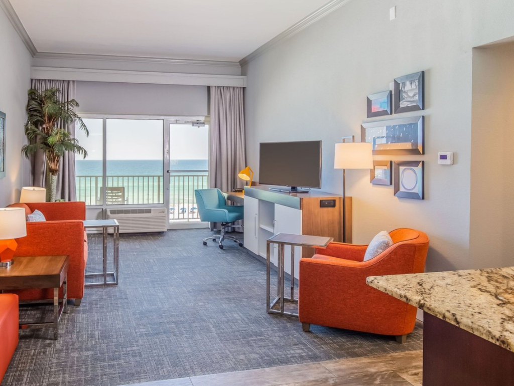 hotels in pensacola beach, orange chairs, beachfront, balcony, ocean view