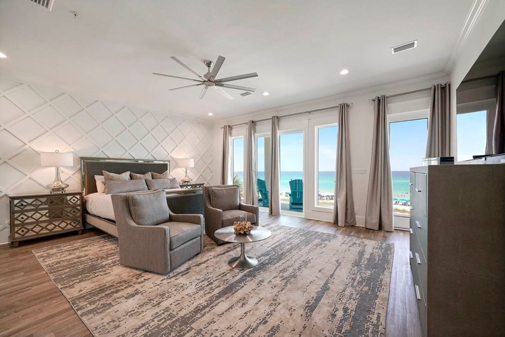 master bedroom with large windows, view of the ocean, luxury, destin
